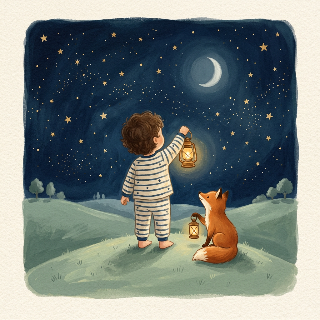 Cover: a child from behind holds up a glowing lantern to a dim moon, with a small fox beside them