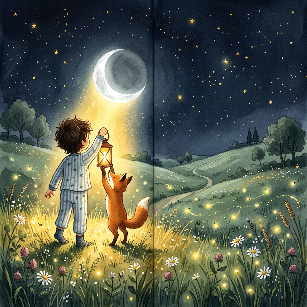 Spread: lantern light brightens the moon over a sleepy meadow